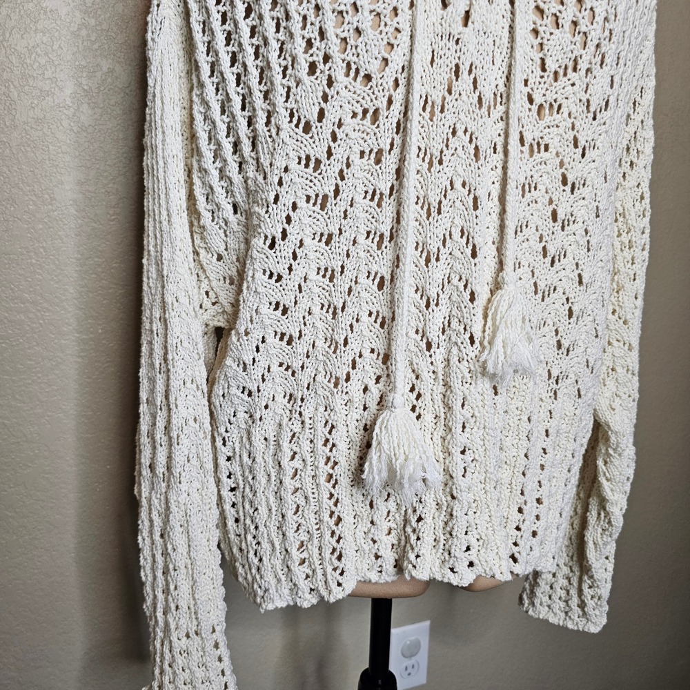 American Eagle Cream Crochet Knit Lace Up Tassel Polo Sweater Medium Ivory Boho - Picture 4 of 10